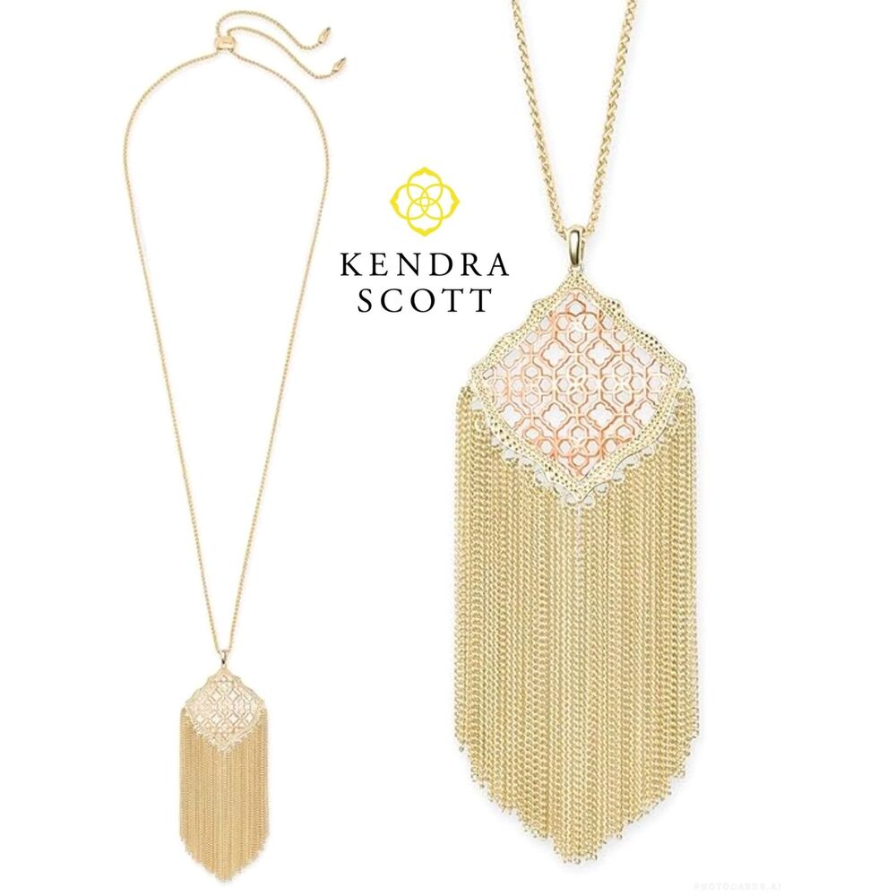 NWT Kendra Scott Kingston Gold Long Pendant Necklace in Rose Gold Filigree Mix